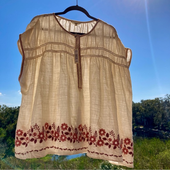 Max Studio Tops - NWT BLOUSE MAX STUDIO Cream  with Pink Embroidery/Retro Vintage Style SZ: L